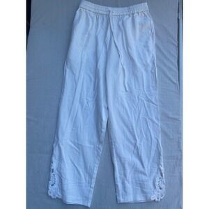 White Cotton Pants Womens Size Medium Cropped Drawstring Waist Lace Hem Casual